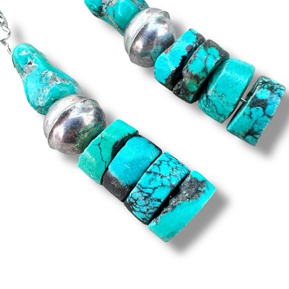 Turquoise Sterling Silver Bench Bead Nugget Stack Southwest 925 Dangle Earrings - Picture 3 of 5